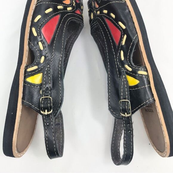 Maria Bonita Black Leather Colorful Stitch Inlay Slingback Open Toe Flat Sandals - Picture 5 of 16